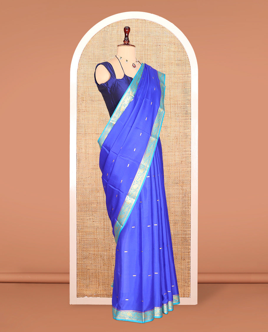 Royal Blue Zari Buttas Mysore Silk Saree, Complemented by a Contrast Floral Zari Border, Zari Design Pallu, and a Contrast Blouse
