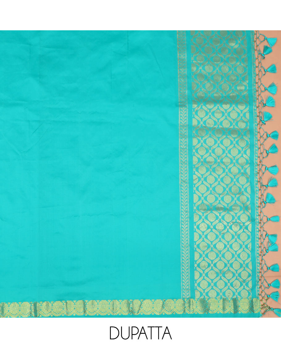 Lavender jacquard art silk half-saree saree with contrast traditional bordered skirt, contrast jacquard blouse, and a contrast jaal patterned dhavani