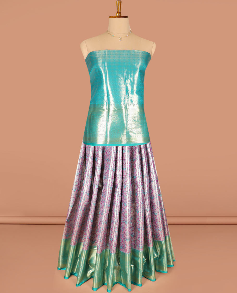 Lavender jacquard art silk half-saree saree with contrast traditional bordered skirt, contrast jacquard blouse, and a contrast jaal patterned dhavani