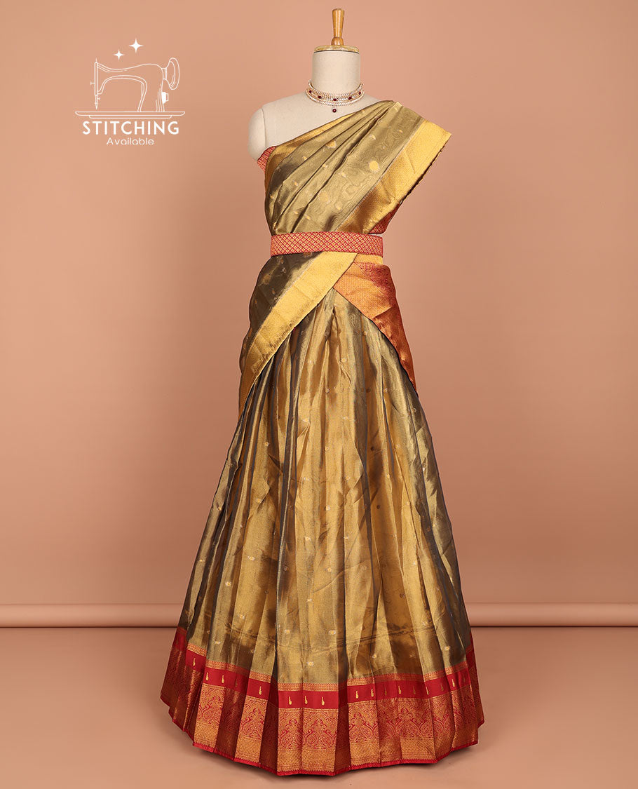 Brown zari buttas art silk half saree with contrast zari red border, zari checked design blouse & intricate zari design dhavani