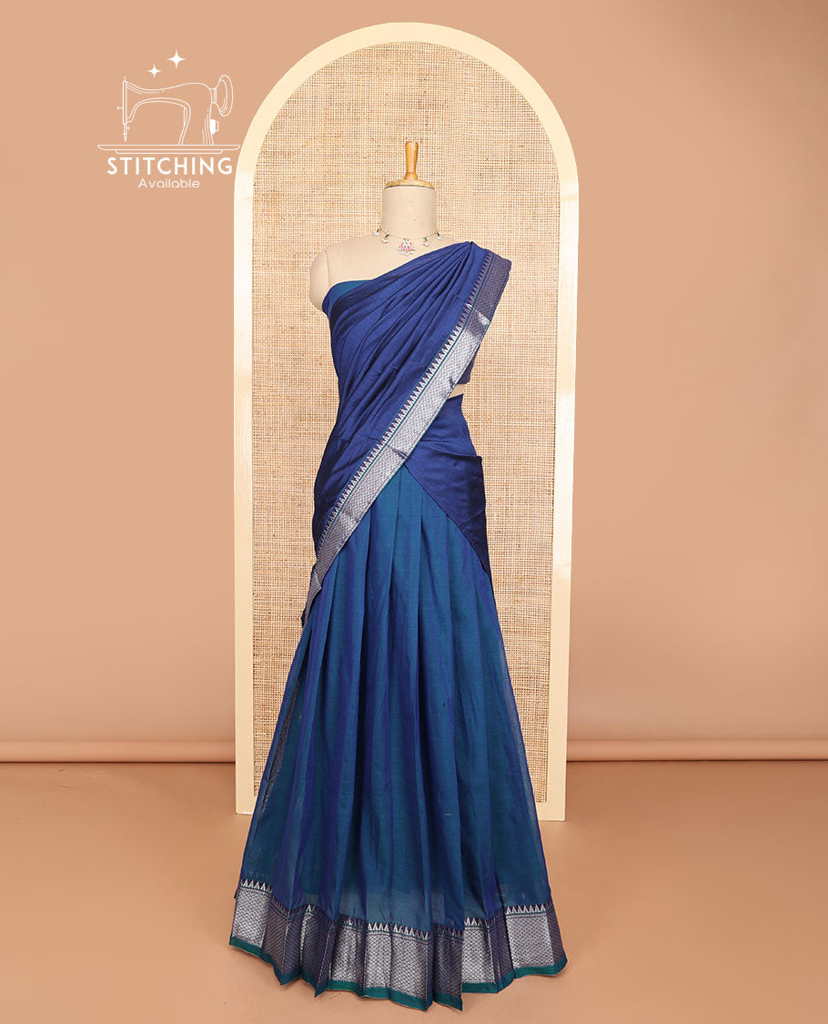 Blue cotton half saree with self zari design border, zari design blouse & plain, temple, checked design border dhavani