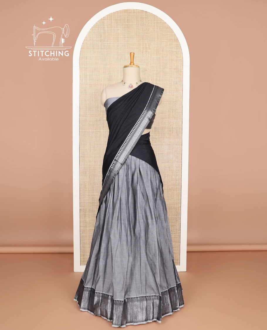 Grey cotton half saree with contrast zari design border, zari design blouse & plain, zari design border dhavani