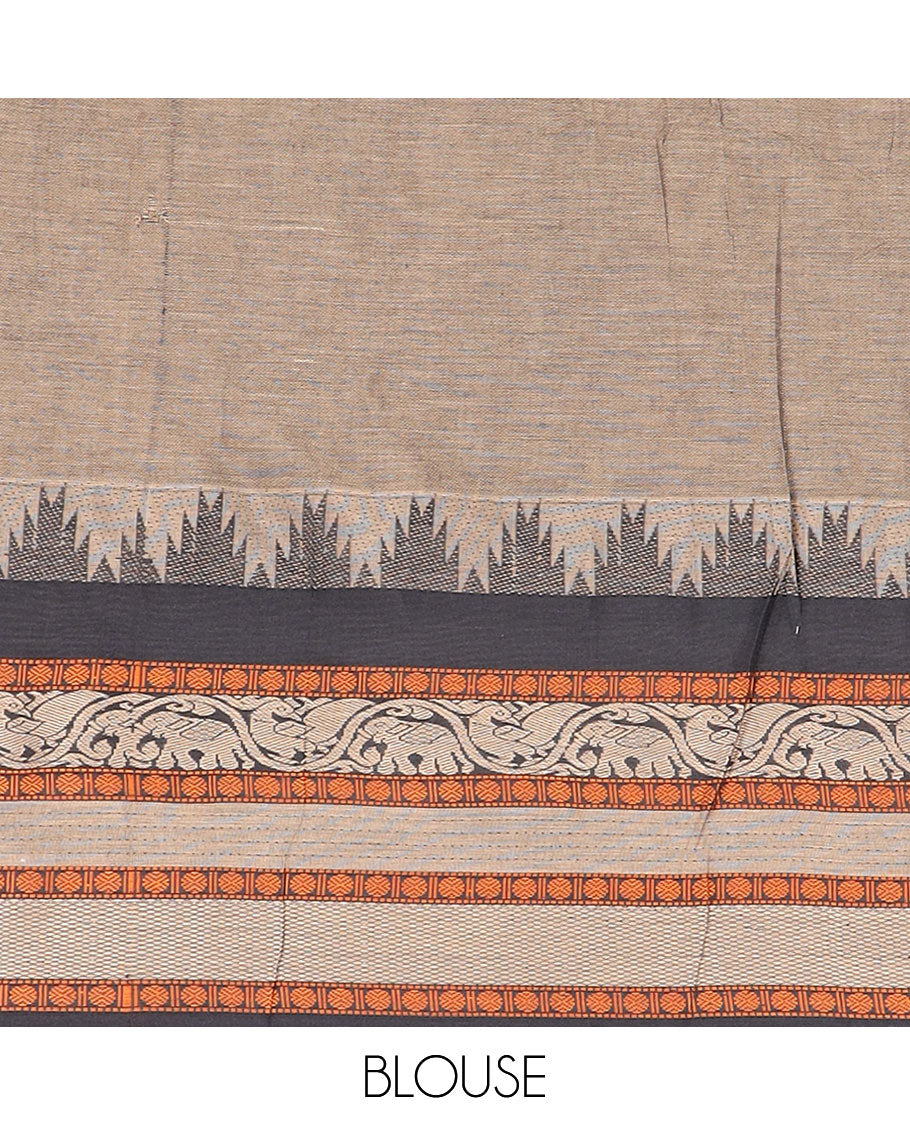 Brown cotton half-saree, plain with contrast traditional motifs woven bordered skirt, matching blouse, and a contrast bordered dhavani