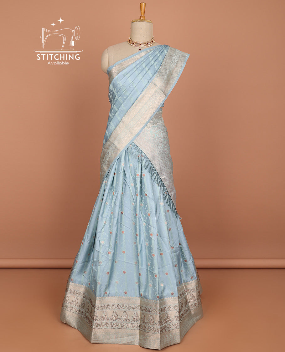 Blue floral motifs,striped banaras half saree contrast zari border ,argyle pattern blouse & floral motifs,striped dhavani