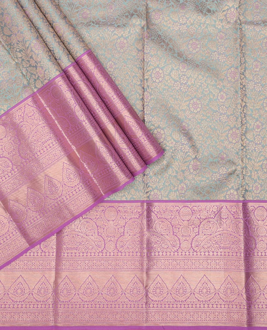 Grey floral jacquard pure-mix half saree, contrast zari design dhavani, blouse & border of traditional zari designs