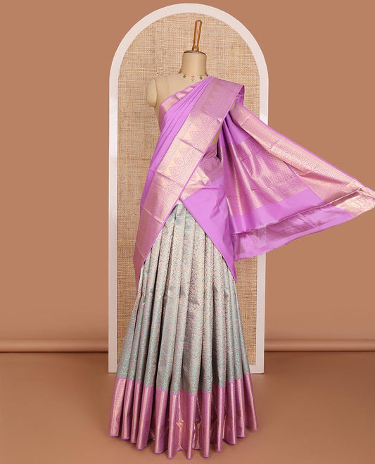 Grey floral jacquard pure-mix half saree, contrast zari design dhavani, blouse & border of traditional zari designs