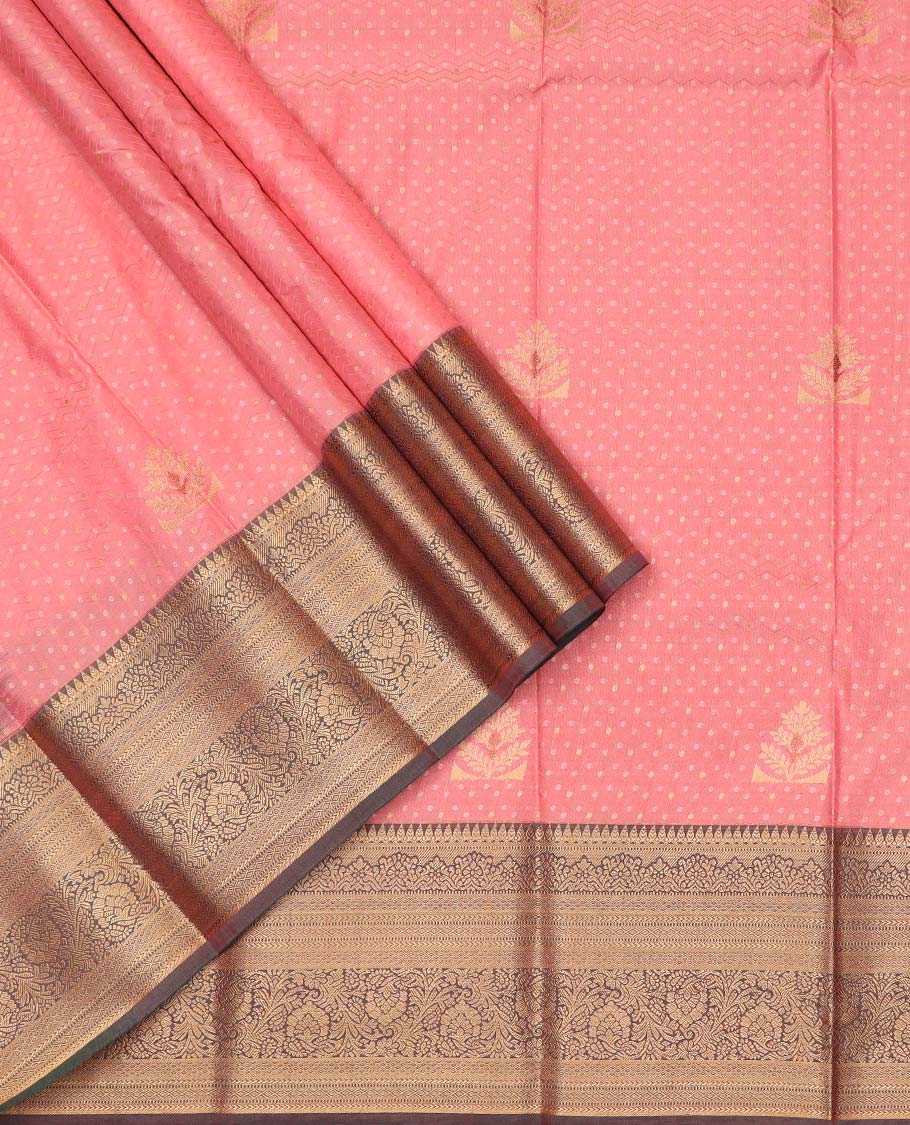 Peach art silk pavadai material, embossed with zari buttas woven skirt, contrast traditional zari border, and blouse