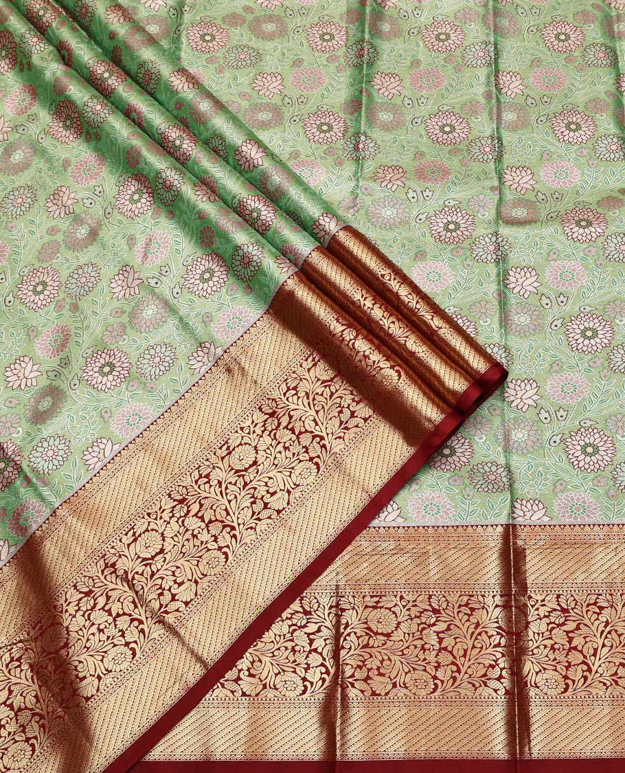 Green Art Silk Half-Saree, Enthralled with Jacquard Design, Contrast Floral Zari Design Border, Paired with a Contrast Jacquard Blouse, and an Intricate Dhavani