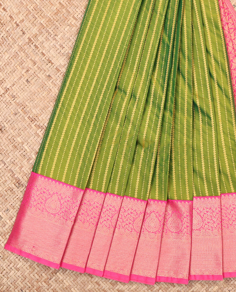 Green Budget Silk Saree, Steeped in Richness of Zari Stripes, Complemented by a Contrast Traditional Zari Border, Grand Pallu, and a Contrast Blouse