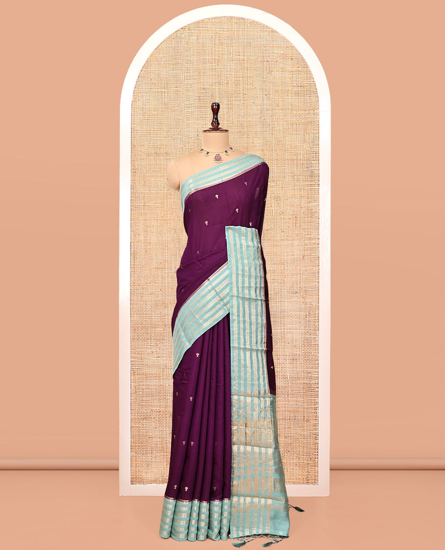 Purple Assam Silk Saree, Adorned with Zari Buttas, Complemented by Contrast Traditional Zari Border, Striped Pallu, and a Contrast Blouse