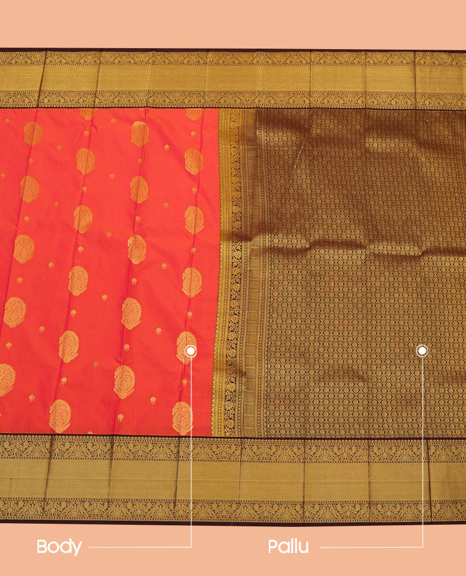 Orange Budget Silk Saree Meticulously Crafted with Zari Buttas, Complemented by a Contrast Traditional Zari-Designed Border, Featuring a Pallu Beautified with Jaal Designs, Paired with a Contrast Blouse