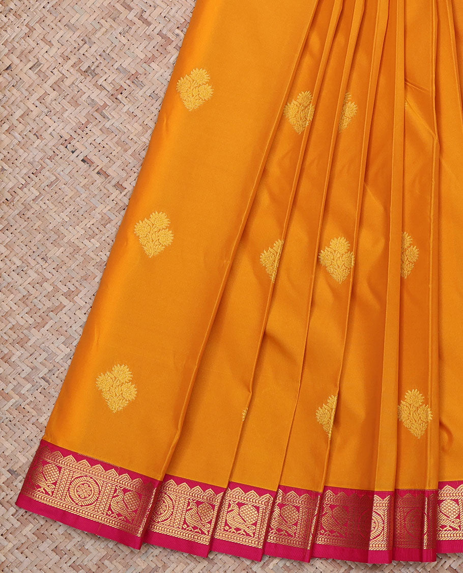 Orange Budget Silk Saree, Gleamed Up with Buttas All Over Its Body, Complemented by a Contrast Traditional Zari Border of Peacock and Chakram Designs, Jaal Pallu, and Paired with a Contrast Blouse