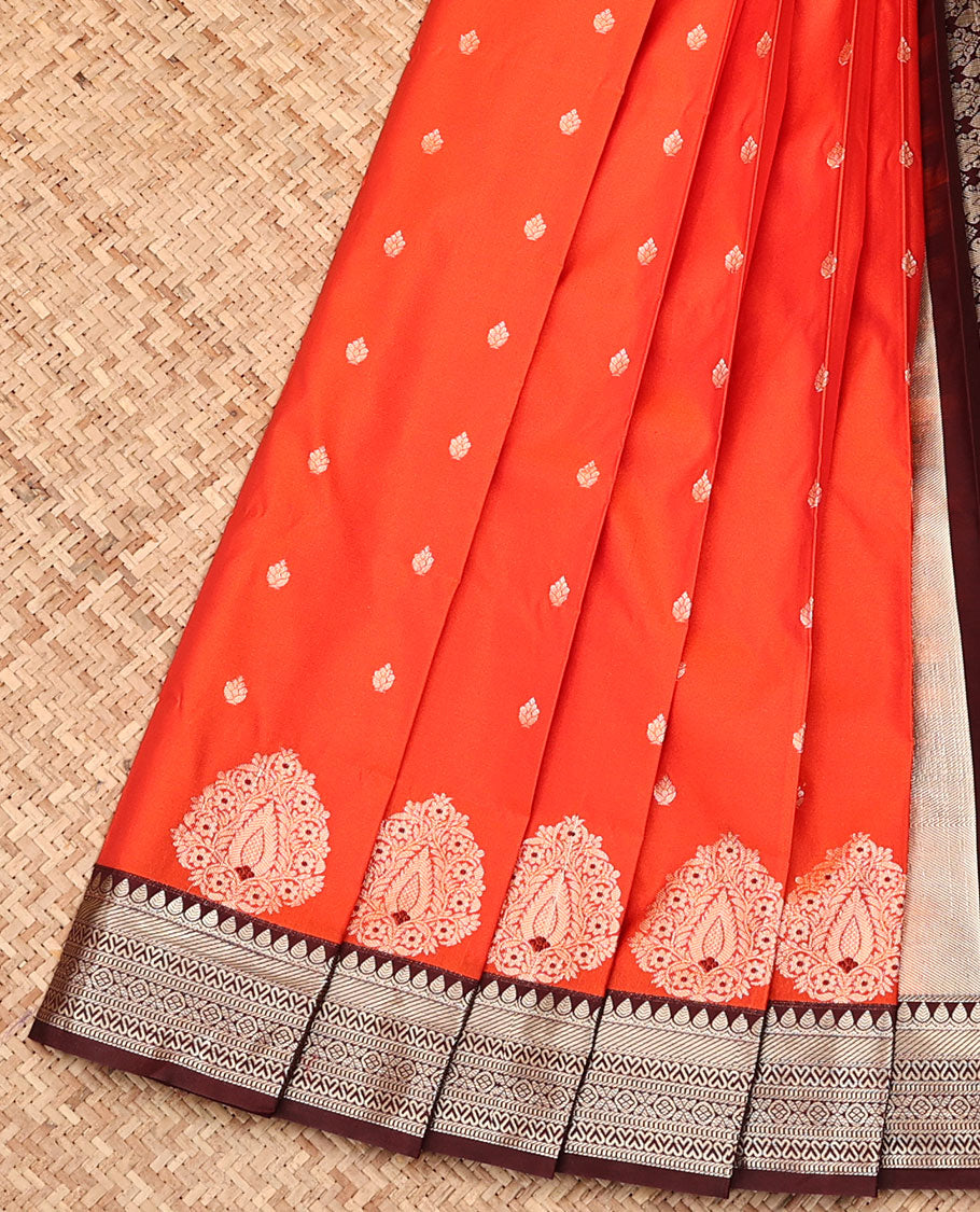 Orange Budget Silk Saree, Adorned with Zari Buttas All Over Its Body, Complemented by a Contrast Traditional Zari Design Border, Intricately Designed Pallu, and Paired with a Contrast Blouse