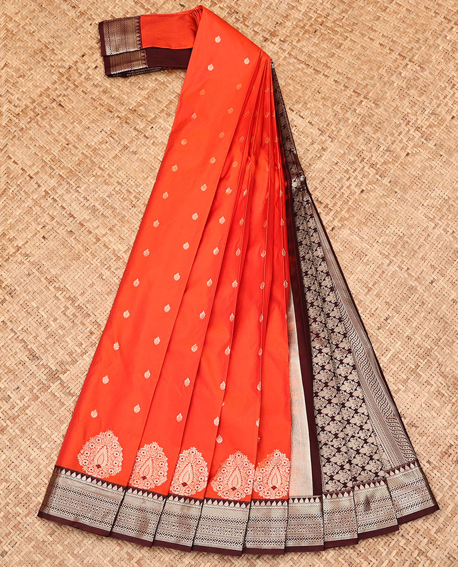Orange Budget Silk Saree, Adorned with Zari Buttas All Over Its Body, Complemented by a Contrast Traditional Zari Design Border, Intricately Designed Pallu, and Paired with a Contrast Blouse