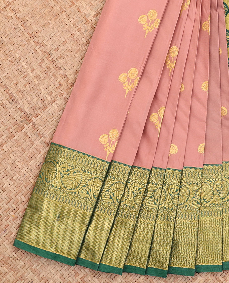 Rosewood Pink Budget Silk Saree, Showcasing Zari Buttas on Its Body, Complemented by a Contrast Traditional Zari Design Border, Pallu of Floral Design, and Paired with a Contrast Blouse