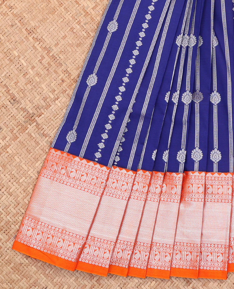 Navy Blue Budget Silk Saree, Ornamented with Zari Designs All Over Its Body, Complemented by a Contrast Traditional Zari Design Border, Grand Pallu, and Paired with a Contrast Blouse