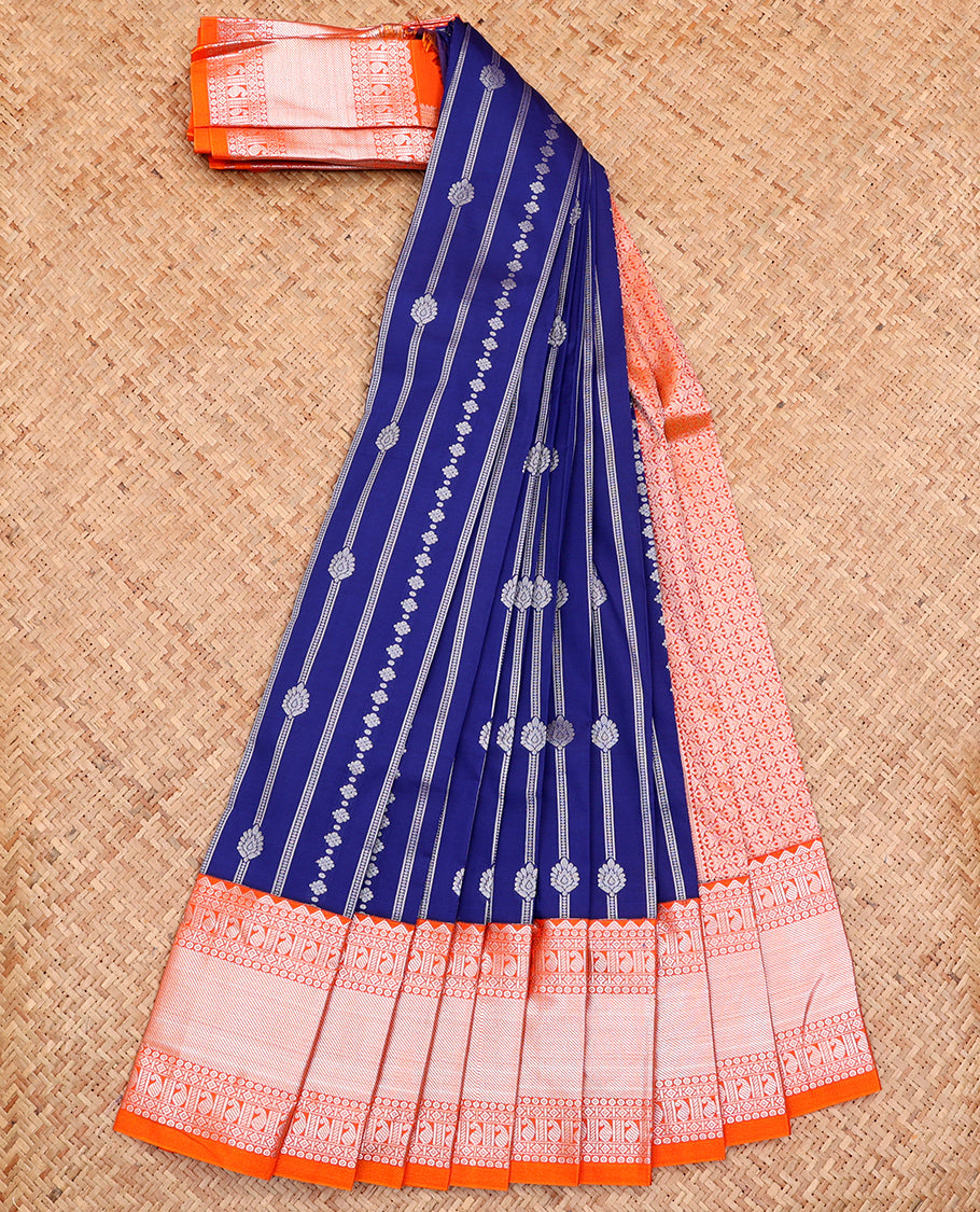 Navy Blue Budget Silk Saree, Ornamented with Zari Designs All Over Its Body, Complemented by a Contrast Traditional Zari Design Border, Grand Pallu, and Paired with a Contrast Blouse