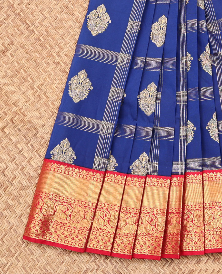 Blue Budget Silk Saree, Opulently Embellished with Zari Butta Enclosed Checks on Its Body, Complemented by a Contrast Traditional Zari Design Border, Grand Pallu, and Paired with a Contrast Blouse
