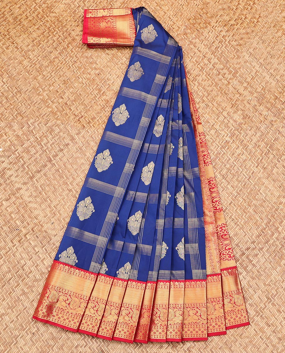 Blue Budget Silk Saree, Opulently Embellished with Zari Butta Enclosed Checks on Its Body, Complemented by a Contrast Traditional Zari Design Border, Grand Pallu, and Paired with a Contrast Blouse