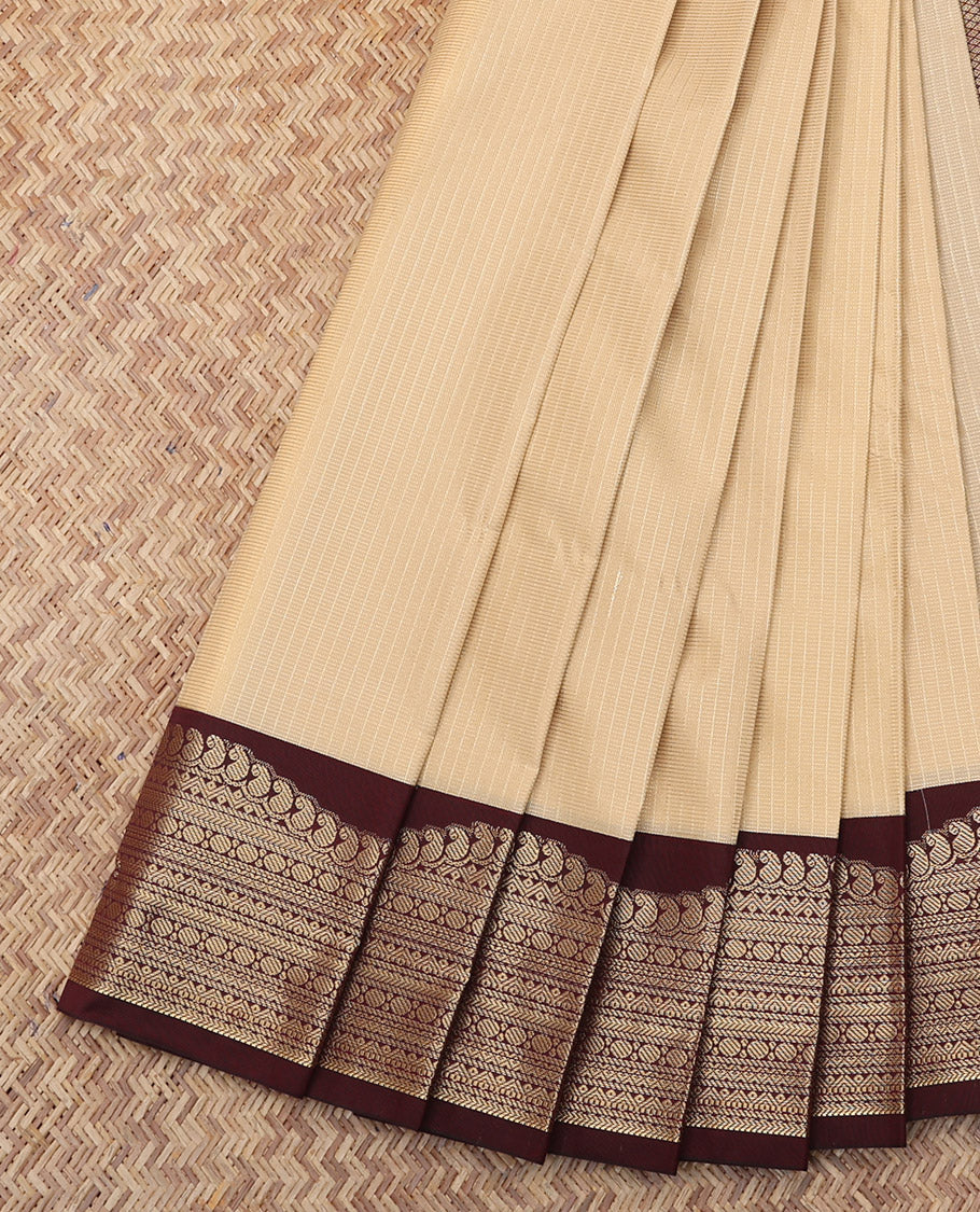 Sandal Budget Silk Saree, Sparsely Sparkled with Zari Checks, Complemented by a Contrast Traditional Zari Border, Jaal Pallu, and a Contrast Blouse