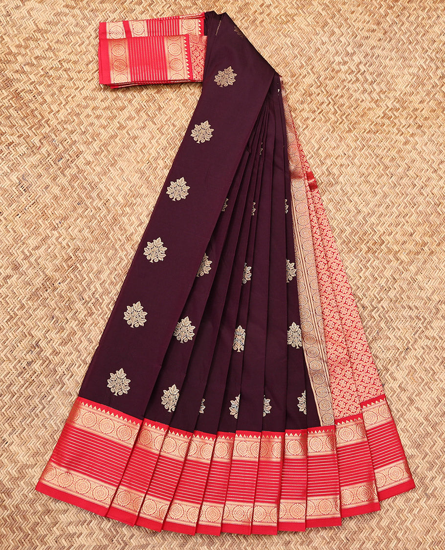 Maroon Budget Silk Saree, Woven with Zari Buttas, Complemented by a Contrast Traditional Zari Border, Jaal Pallu, and a Contrast Blouse