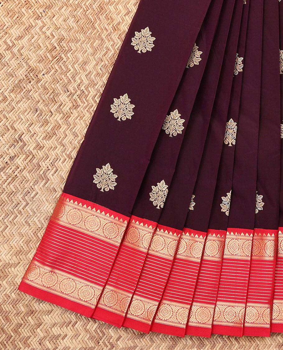 Maroon Budget Silk Saree, Woven with Zari Buttas, Complemented by a Contrast Traditional Zari Border, Jaal Pallu, and a Contrast Blouse