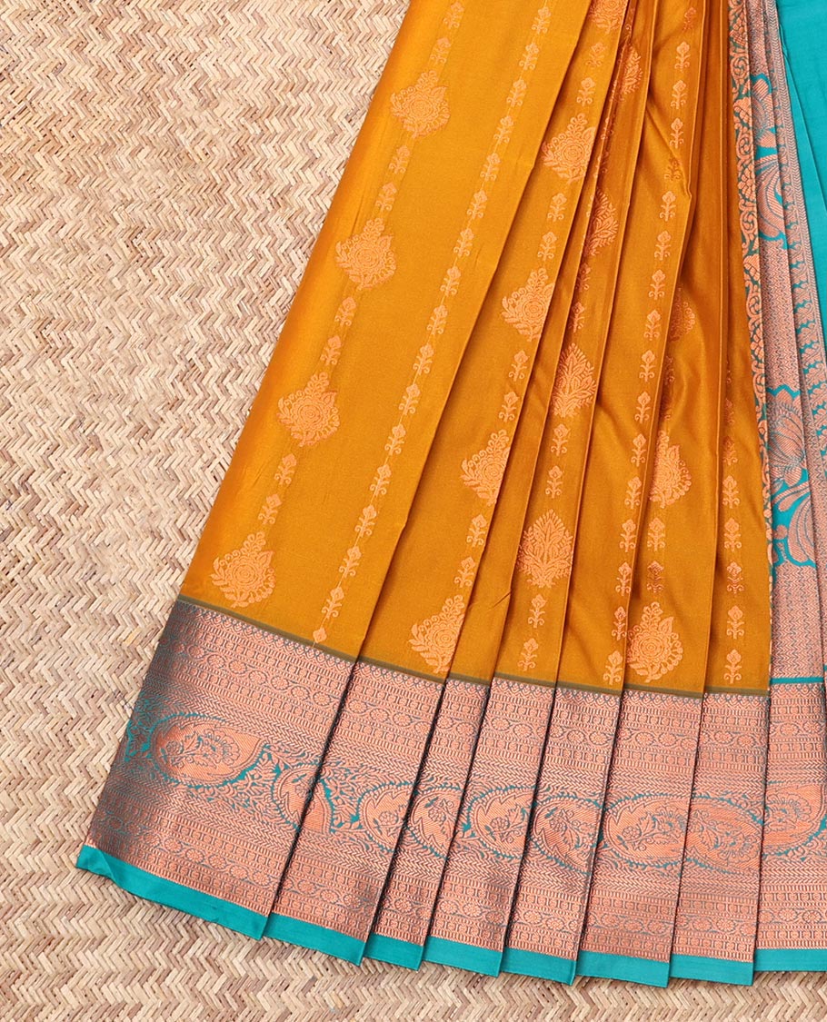 Yellow Budget Silk Saree, Gleamed Up with Zari Buttas, Complemented by a Contrast Traditional Zari Border, Grand Pallu, and a Contrast Blouse