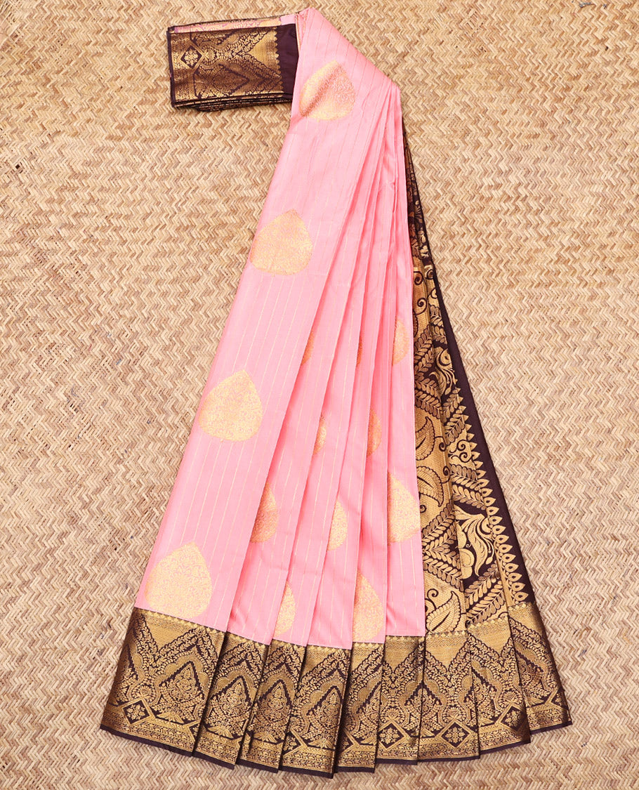 Pink Budget Silk Saree, Sparsely Woven with Zari Buttas and Stripes, Complemented by a Contrast Traditional Zari Border, Intricate Pallu, and a Contrast Blouse