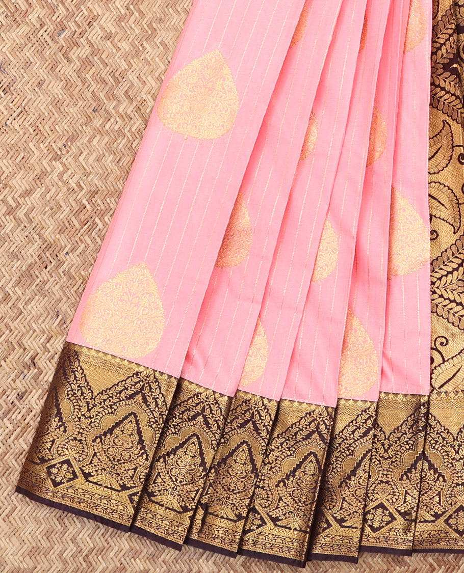 Pink Budget Silk Saree, Sparsely Woven with Zari Buttas and Stripes, Complemented by a Contrast Traditional Zari Border, Intricate Pallu, and a Contrast Blouse