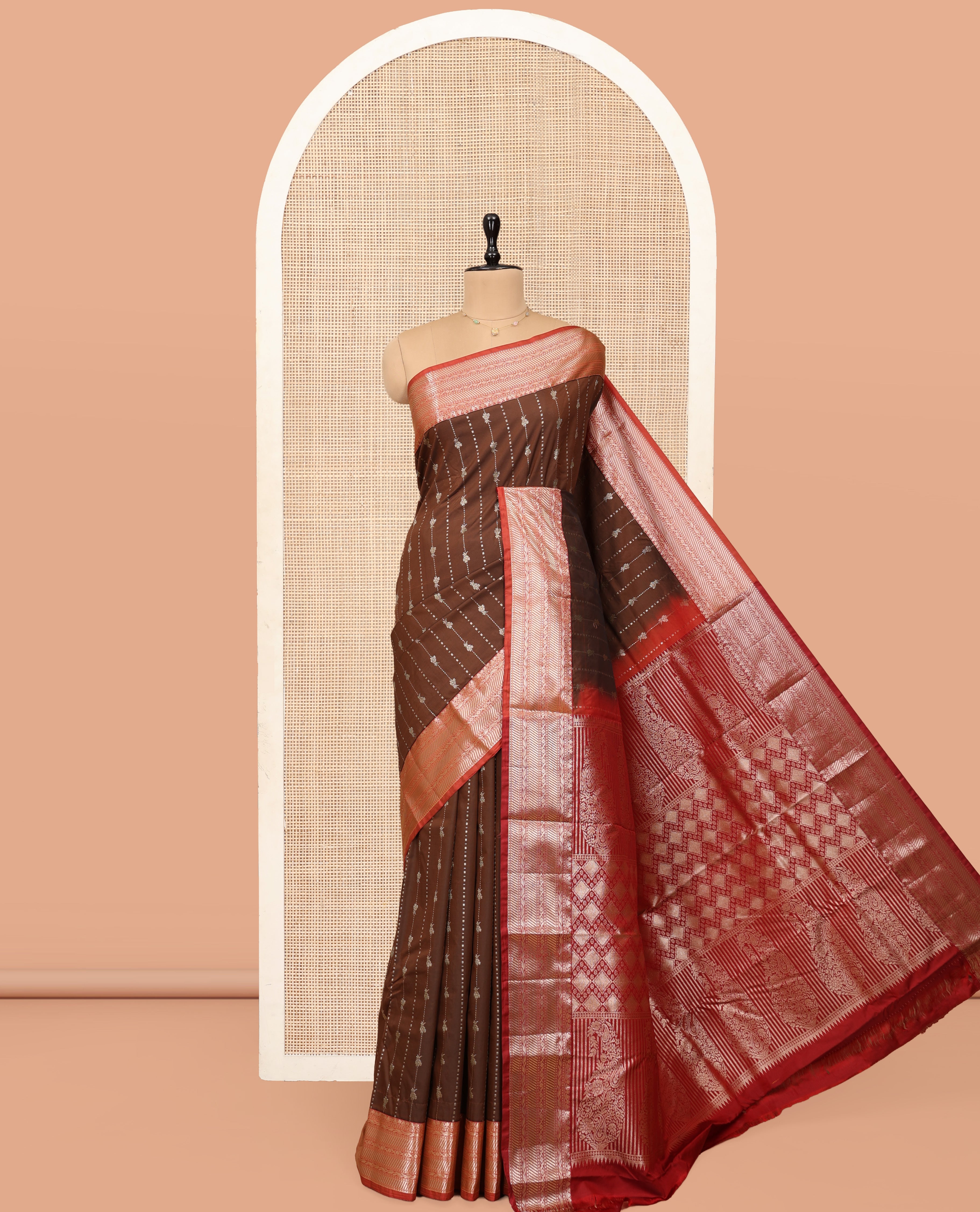 Brown Budget Silk Saree, Enthralled with Zari Stripes, Complemented by a Contrast Traditional Zari Border, Pallu of Jaal and Paisley Designs, and Contrast Blouse