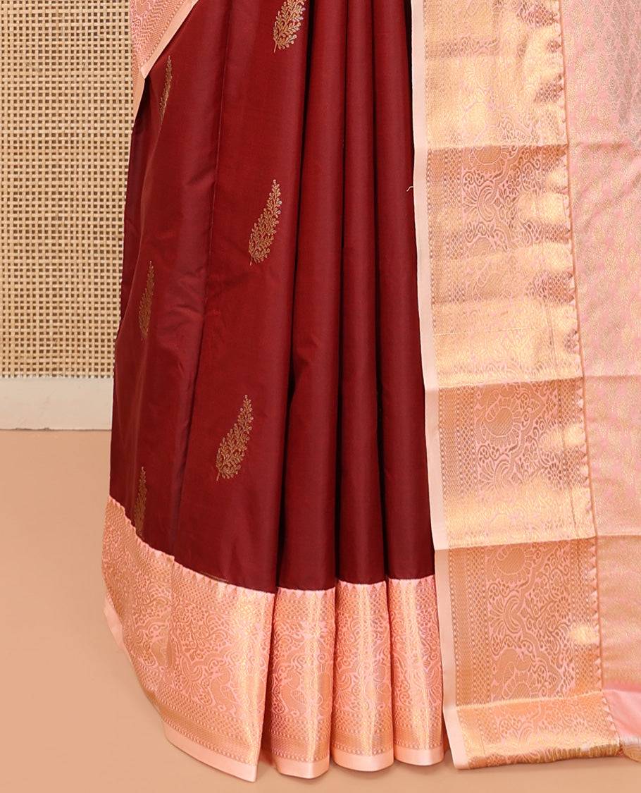 Rust Budget Silk Saree, Detailed with Paisley Buttas, Complemented by a Contrast Traditional Zari Border, Grand Pallu, and Contrast Blouse