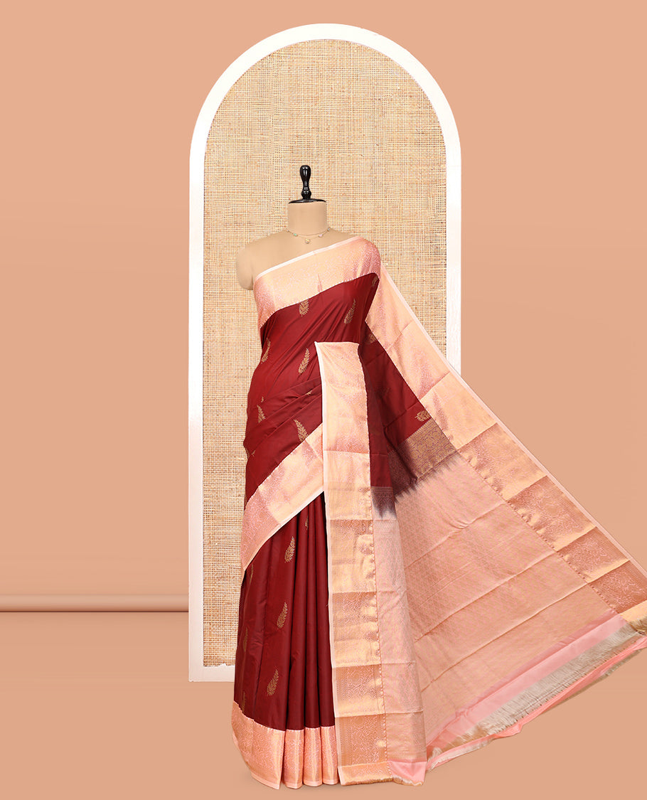 Rust Budget Silk Saree, Detailed with Paisley Buttas, Complemented by a Contrast Traditional Zari Border, Grand Pallu, and Contrast Blouse