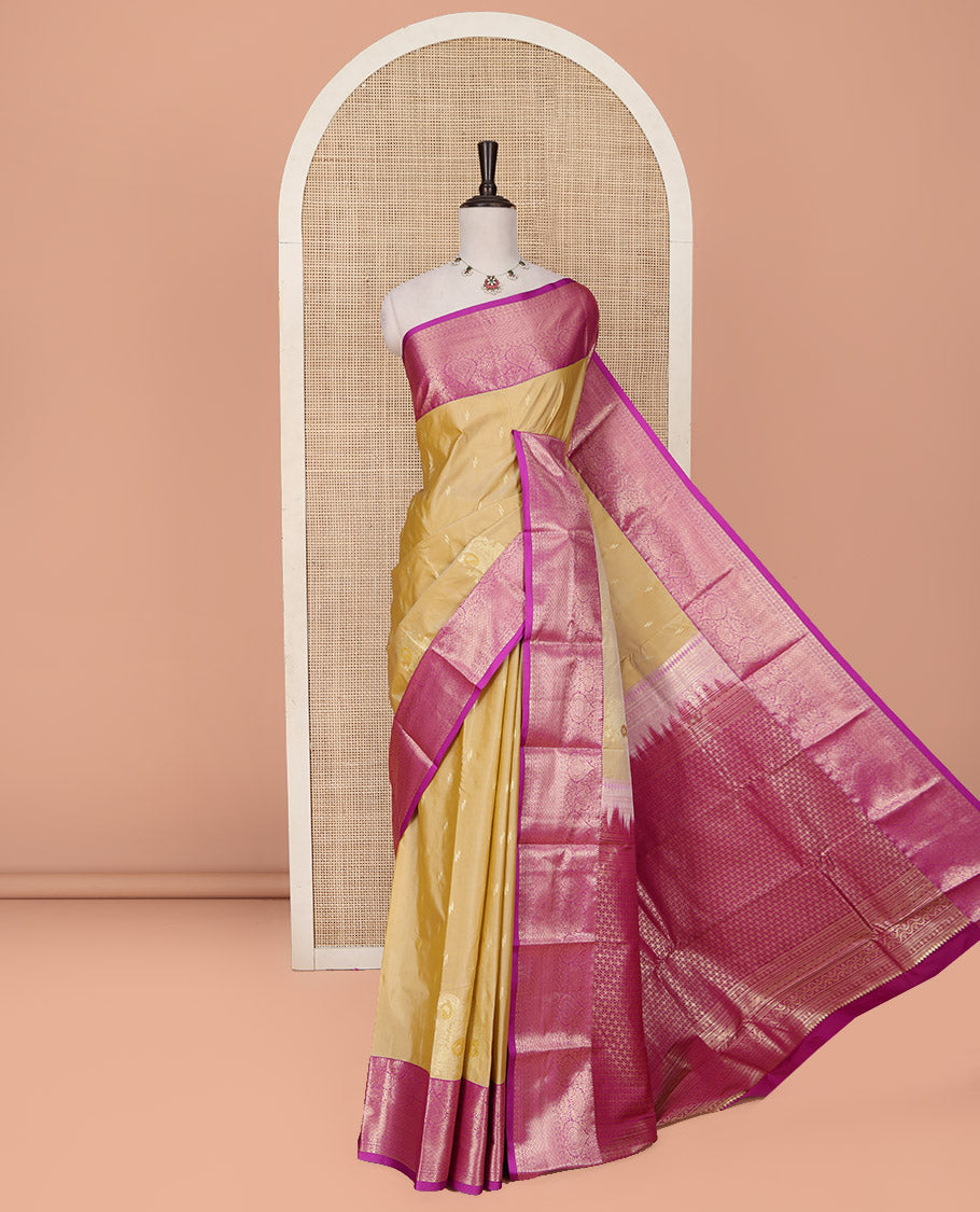 Sandal Budget Silk Saree, Sparsely Sparkled with Zari Buttas on Its Body, Complemented by a Contrast Traditional Zari Design Border, Opulently Embellished Jaal Pallu, and Paired with a Contrast Blouse