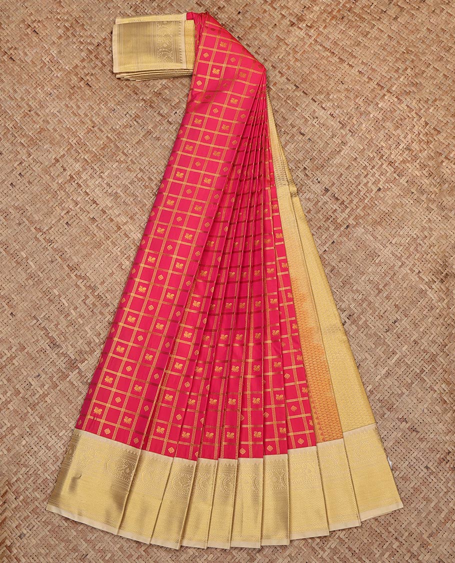 Pink Budget Silk Saree, Detailed with Zari Butta Enclosed Checks on Its Body, Complemented by a Contrast Traditional Zari Design Border, Grand Jaal Pallu, and Paired with a Contrast Blouse