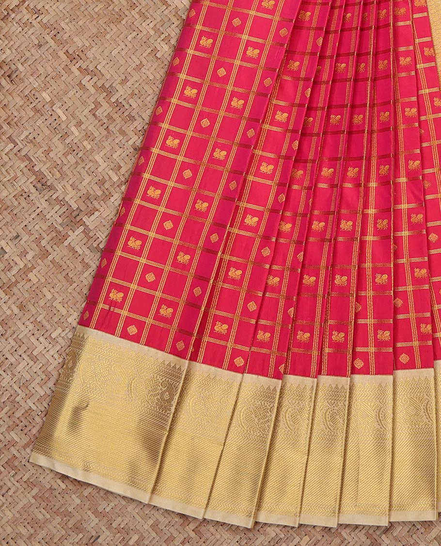 Pink Budget Silk Saree, Detailed with Zari Butta Enclosed Checks on Its Body, Complemented by a Contrast Traditional Zari Design Border, Grand Jaal Pallu, and Paired with a Contrast Blouse