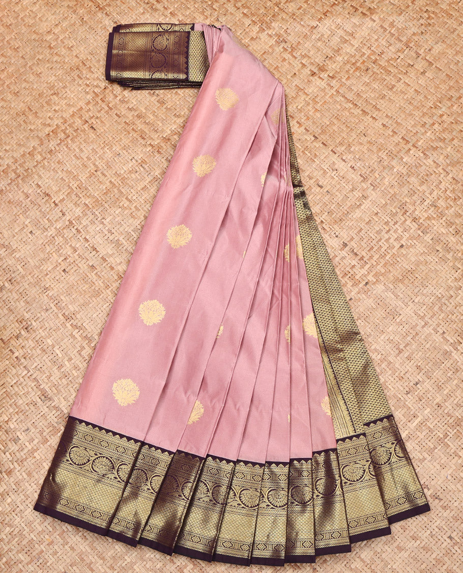 Rosewood Pink Budget Silk Saree, Delicately Woven with Zari Buttas on Its Body, Complemented by a Contrast Traditional Zari Design Border, Intricately Designed Pallu, and Paired with a Contrast Blouse