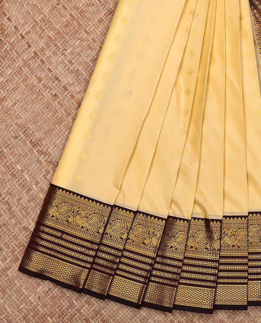 Yellow Budget Silk Saree, Sparsely Woven with Zari Buttas, Complemented by Contrast Traditional Zari Border, Grand Pallu and a Contrast Blouse