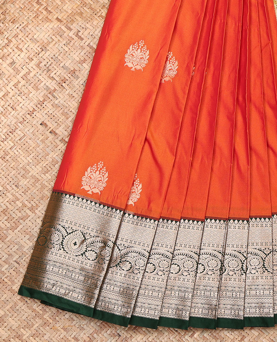 Orange Budget Silk Saree, Majestically Detailed with Zari Buttas, Complemented by a Contrast Traditional Zari Border, Grand Pallu, and a Contrast Blouse