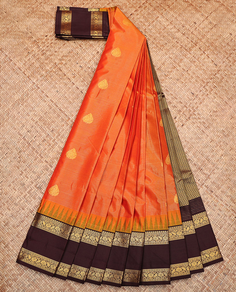 Orange Budget Silk Saree, Enriched with Zari Buttas and Stripes, Complemented by a Contrast Traditional Zari Temple Rettai Pettu Border, Grand Pallu, and a Contrast Blouse