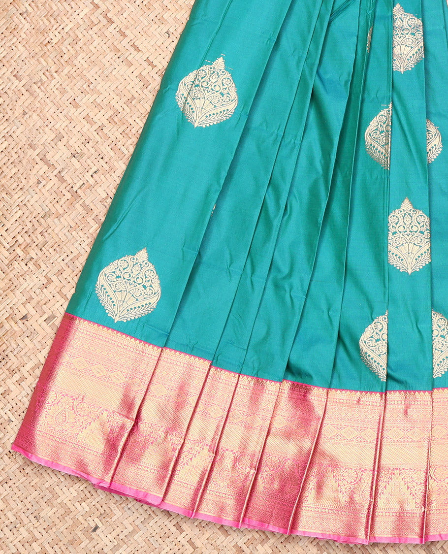 Peacock Blue Budget Silk Saree, Decked Up with Zari Buttas, Contrast Traditional Zari Border, Intricately Designed Pallu, and a Contrast Blouse