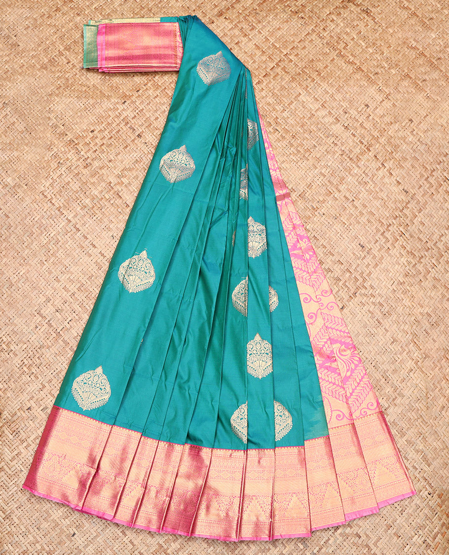 Peacock Blue Budget Silk Saree, Decked Up with Zari Buttas, Contrast Traditional Zari Border, Intricately Designed Pallu, and a Contrast Blouse