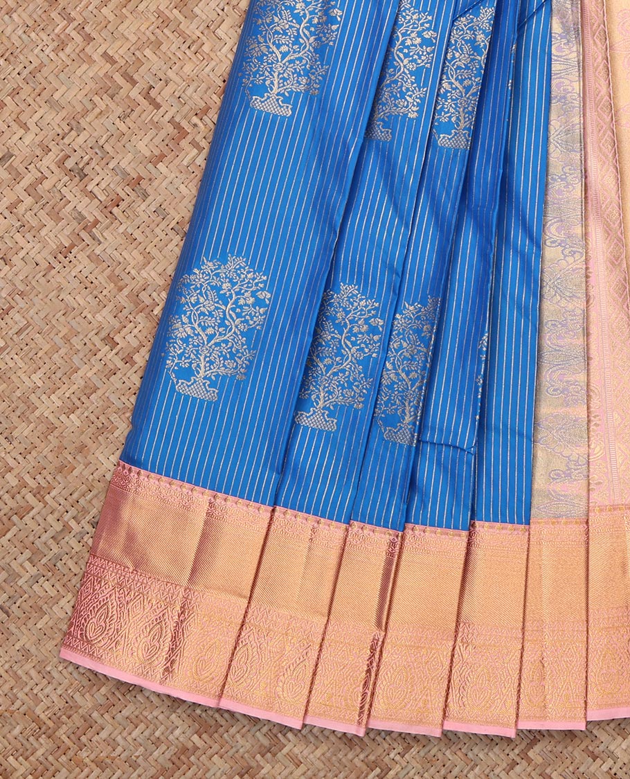 Blue Budget Silk Saree, Gleamed up with Zari Buttas and Stripes, Complemented by Contrast Traditional Zari Border, Grand Pallu and a Contrast Blouse