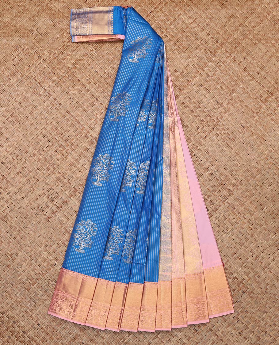 Blue Budget Silk Saree, Gleamed up with Zari Buttas and Stripes, Complemented by Contrast Traditional Zari Border, Grand Pallu and a Contrast Blouse