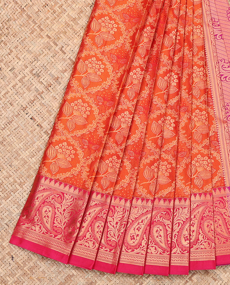 Orange Budget Silk Saree Showcasing Jacquard Design, Complemented by Contrast Paisley Zari Border, Grand Pallu, and a Contrast Blouse