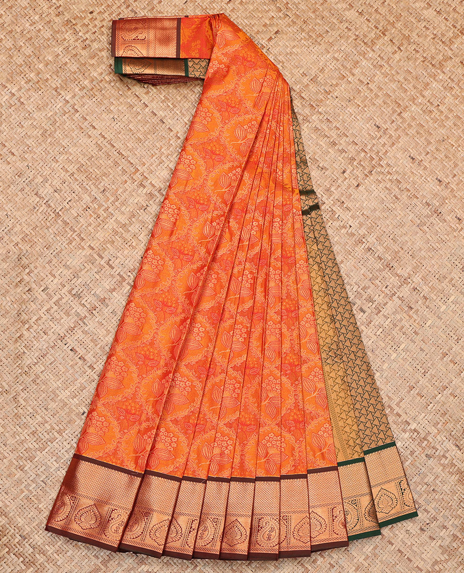 Orange Budget Silk Saree, Subtly Sparkled with Jacquard, Complemented by Contrast Traditional Zari Border, Grand Pallu, and a Contrast Blouse