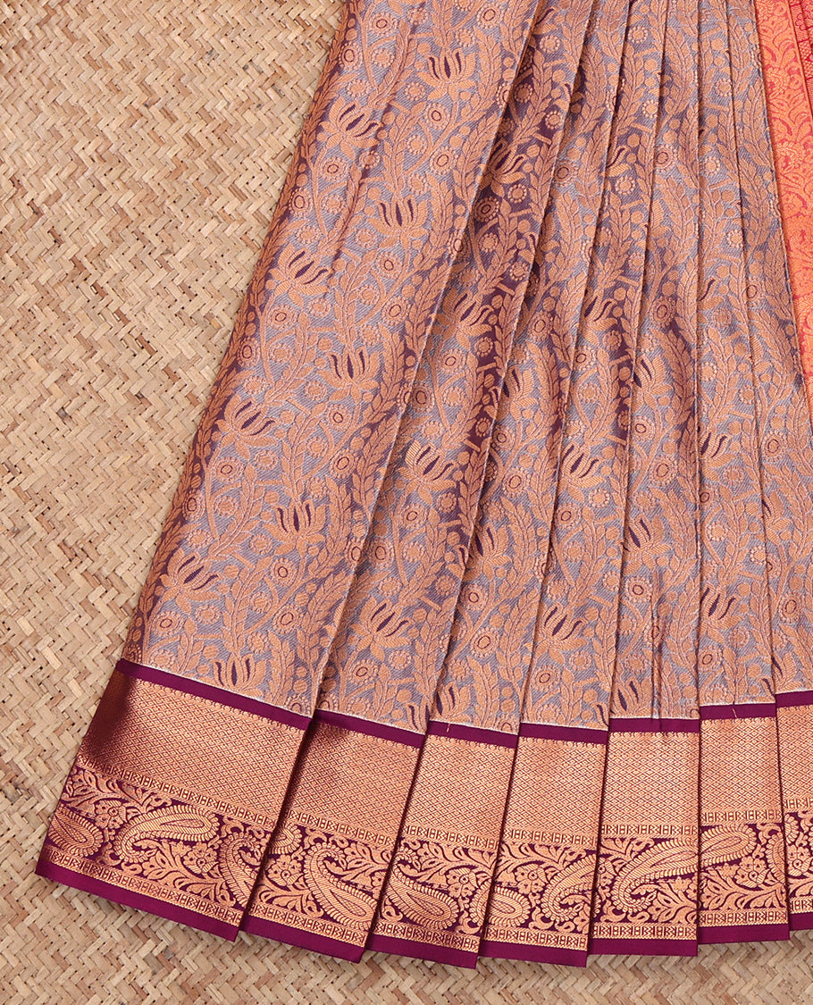 Grey Budget Silk Saree, Gracefully Embellished with Jacquard, a Contrast Traditional Zari Border, Jaal Pallu, and a Contrast Blouse
