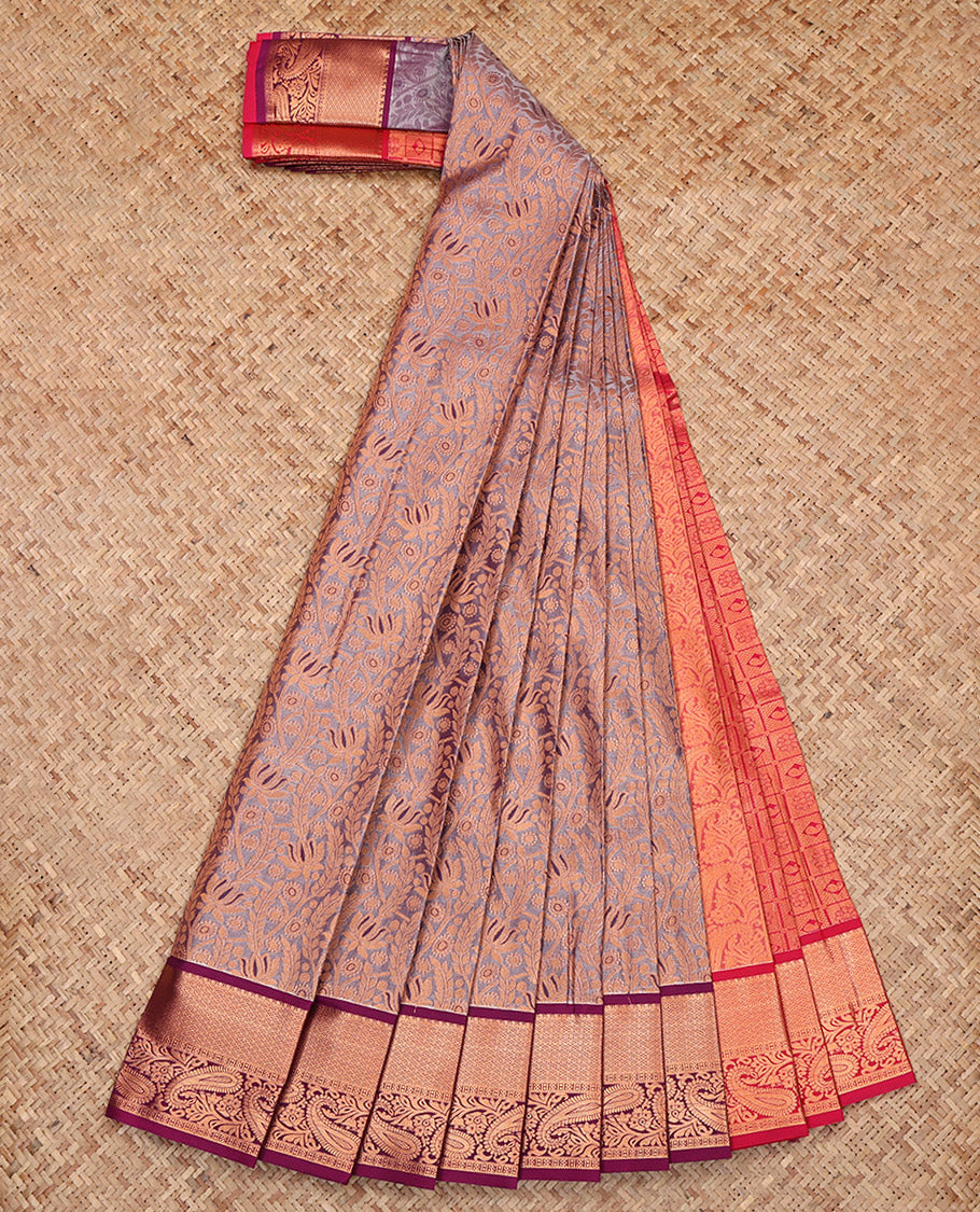 Grey Budget Silk Saree, Gracefully Embellished with Jacquard, a Contrast Traditional Zari Border, Jaal Pallu, and a Contrast Blouse