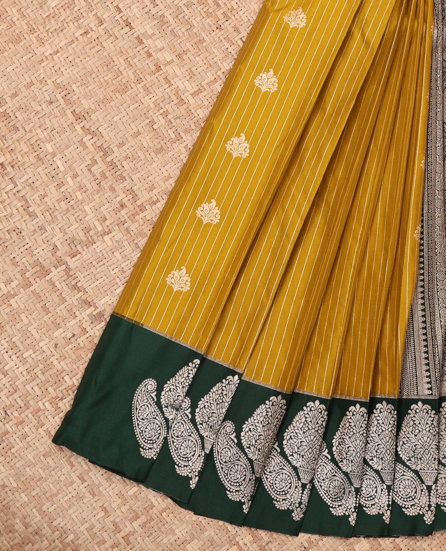 Mustard Budget Silk Saree, Embellished with Zari Buttas and Stripes, Complemented by a Contrast Zari Border, Grand Pallu, and Contrast Blouse