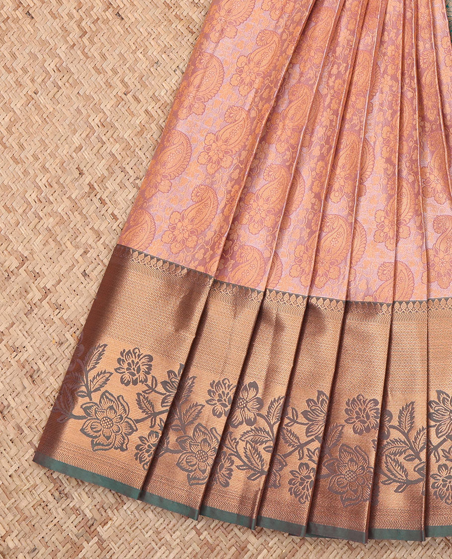 Peach Budget Silk Saree, Spotlighted with a Jacquard Design, Complemented by a Contrast Floral Creeper Zari Border, Grand Pallu, and Contrast Blouse