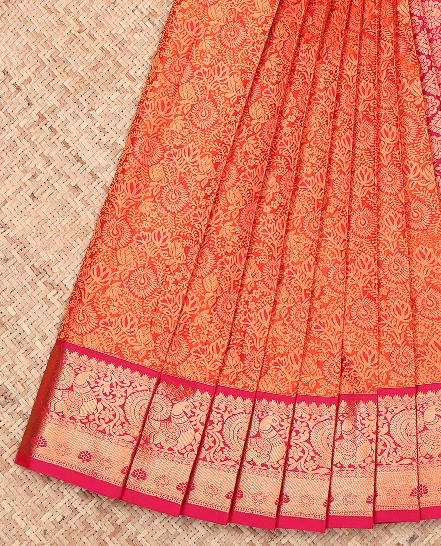 Orange Budget Silk Saree, Delicately Woven with Jacquard Design, Complemented by a Contrast Peacock Zari Border, Grand Pallu, and a Contrast Blouse